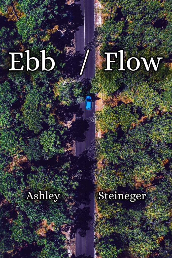 Cover: A bright green forest split by a two lane highway. A single blue car is in the road. White text at the top says "Ebb/Flow" with author name "Ashley Steineger" below it.