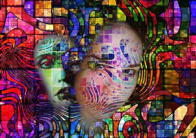 Two female faces in a colorful, swirled background